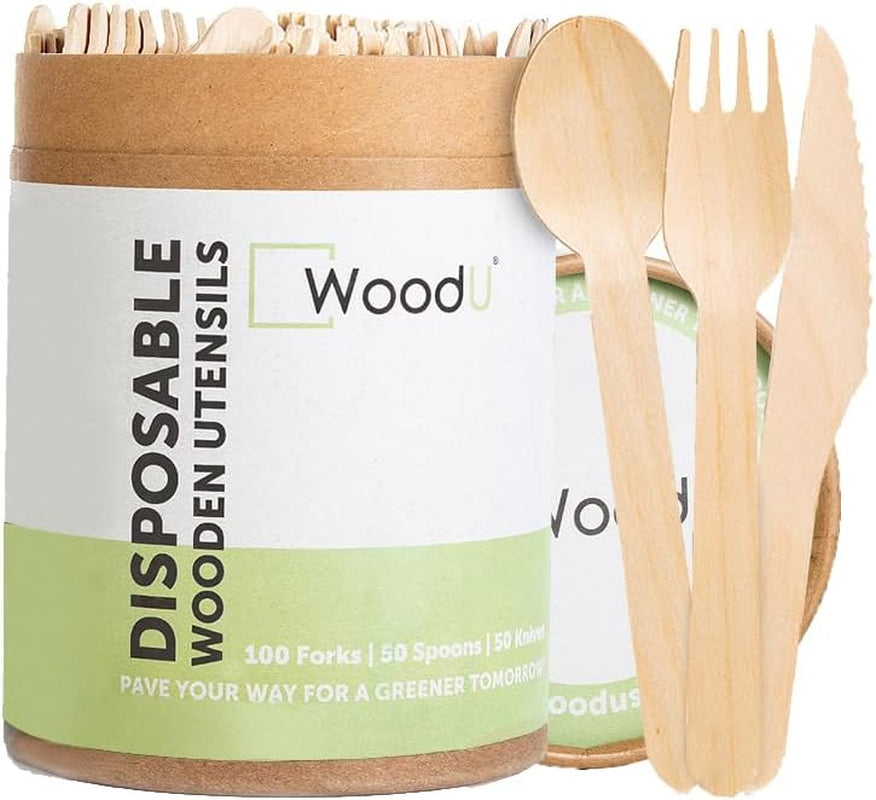 Disposable Wooden Cutlery Set | 100% All-Natural, Eco-Friendly, Biodegradable, and Compostable - Pack of 200-6.5” Utensils (100 Forks, 50 Spoons, 50 Knives) by