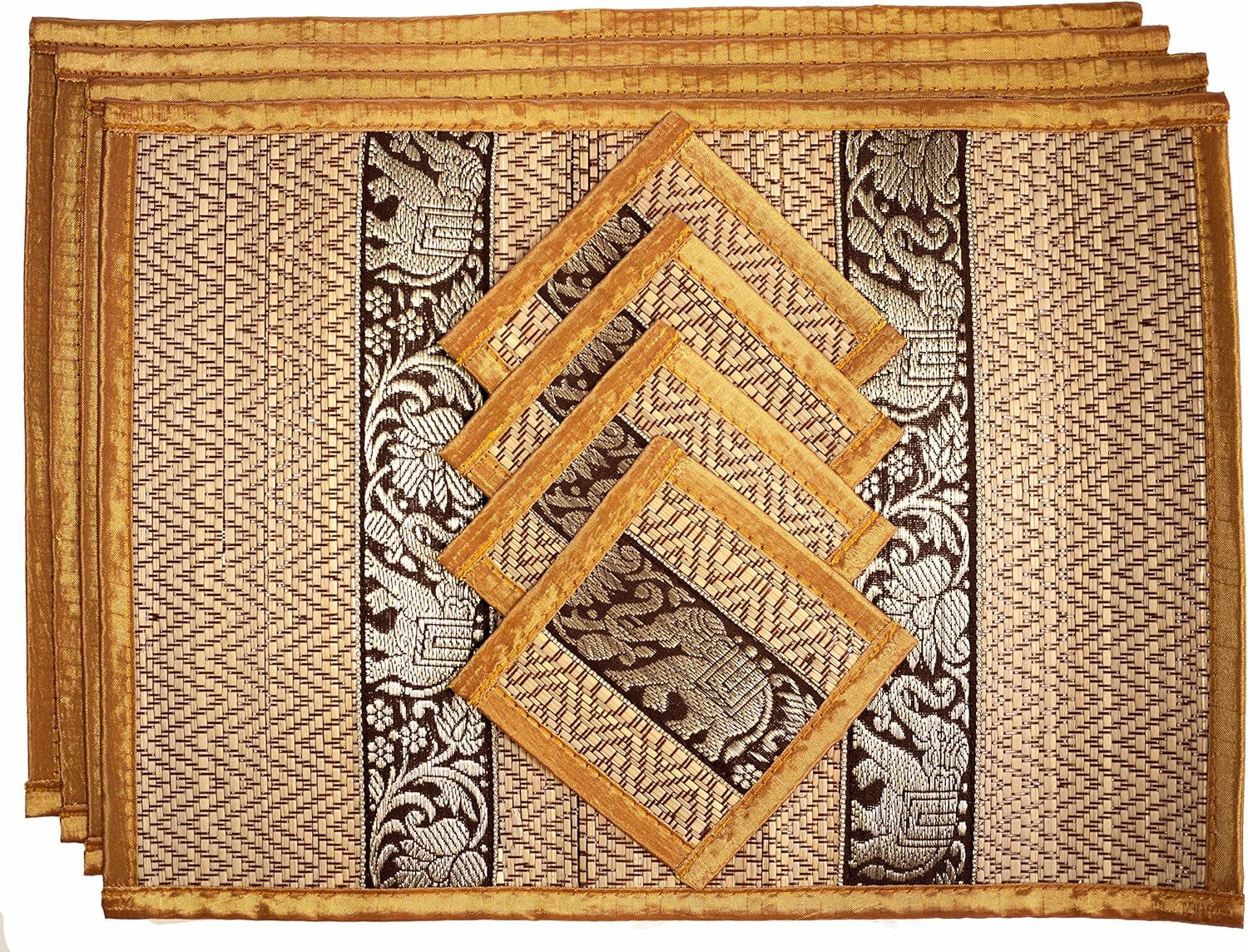 Hand-Woven Wicker Reed Placemats Coaster Set Eco-Friendly Alternative to Plastic Heat Resistant Thai Style Durable Easy to Clean for Dining Table Set of 4 (Medium, Light Gold)