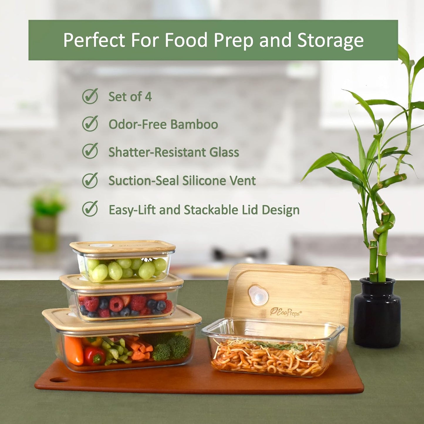 Glass Food Storage Containers with Bamboo Lids [4 Pack] 100% Plastic Free, Eco-Friendly, Oven, Microwave Safe Glass Meal Prep Containers, Glass Lunch Containers, Bamboo Lid Storage Containers