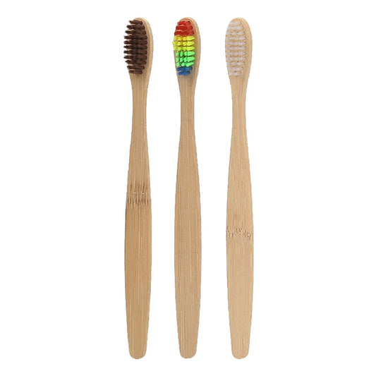 3Pcs Natural Bamboo Toothbrush Eco-Friendly Bamboo Toothbrushes for Women Men (White Bristle + Iridescence Bristle + Brown Bristle)