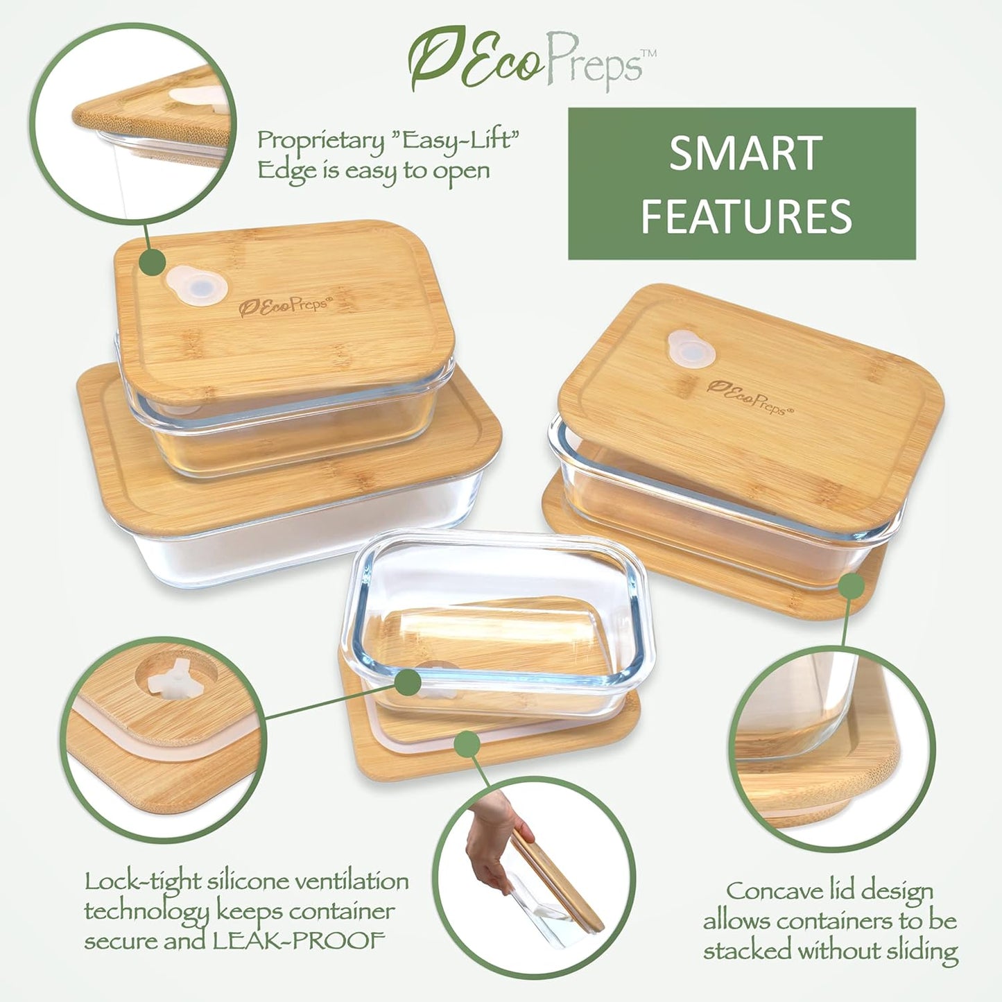 Glass Food Storage Containers with Bamboo Lids [4 Pack] 100% Plastic Free, Eco-Friendly, Oven, Microwave Safe Glass Meal Prep Containers, Glass Lunch Containers, Bamboo Lid Storage Containers